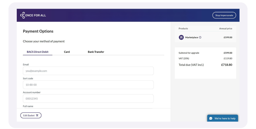 Payment options screen showing BACS Direct Debit, Card, and Bank Transfer methods with email and account details fields.