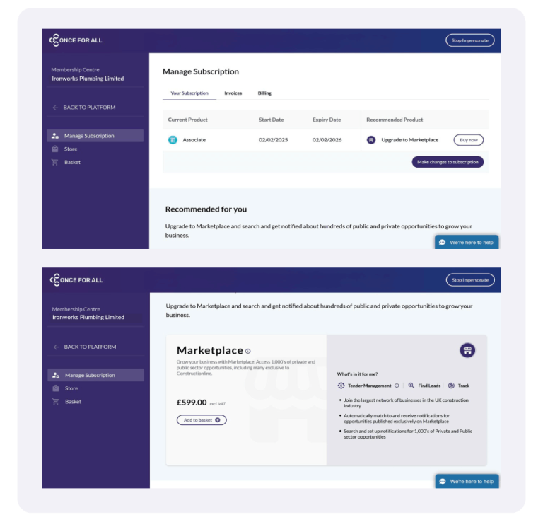 Screenshot of a subscription management interface, displaying product details, upgrade options, and pricing for a marketplace service.
