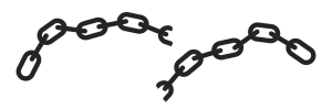 Two broken chains depicted in a minimalist black design, symbolising freedom and release from bondage.