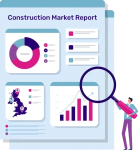 An infographic titled "Construction Market Report" displays graphs, charts, and a map, with a person examining it through a magnifying glass.