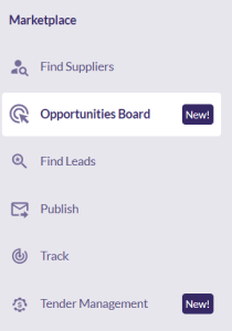 Sidebar menu for a marketplace, featuring options like "Find Suppliers," "Opportunities Board," "Find Leads," and "Tender Management."