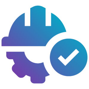 Icon of a construction hard hat combined with a gear symbol, shown in a blue-to-purple gradient, with a circular checkmark on the right