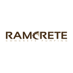Logo for "Ramcrete Concrete Pumping" featuring stylised text with a leaf integrated into the letter "C" on a white circular background.